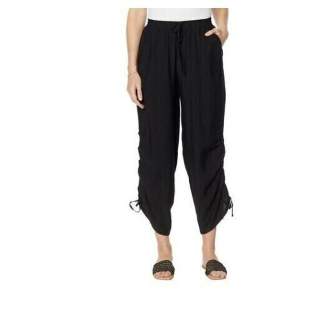 Brittany Humble Convertible Wide Leg Pant Black Ruched Drawstring Ankle Small